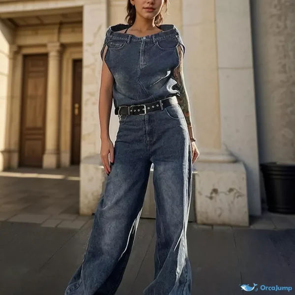 Orcajump - Irregular High-waisted Loose Casual Denim Top with Waist Belt