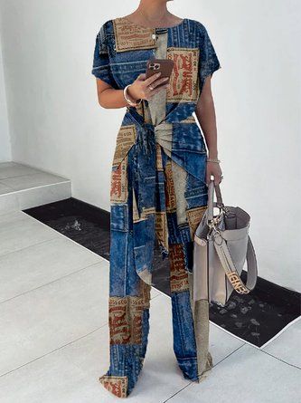 Women Casual Summer Denim Print Graphic Printing Micro-Elasticity Daily Regular Fit Regular X-Line T-shirts