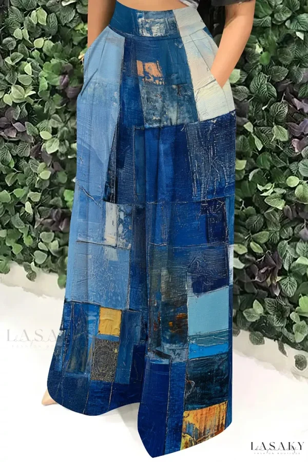 Lasaky - Graphic Print High Waist Wide Leg Pants for Women - Loose Fit Design - Deep Blue, S
