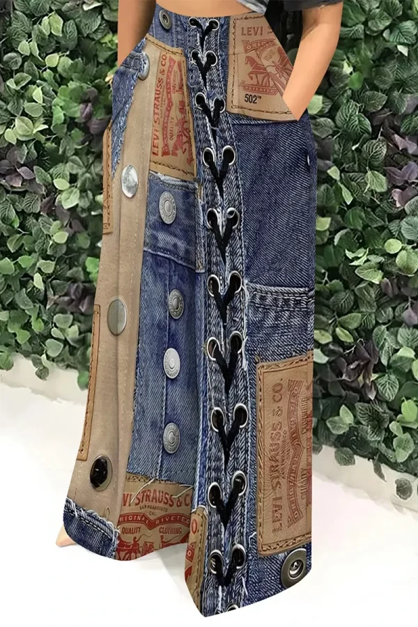 Lasaky - Blue Brown Faux Denim Print High Waist Wide Leg Bottoms - Blue Coffee, S