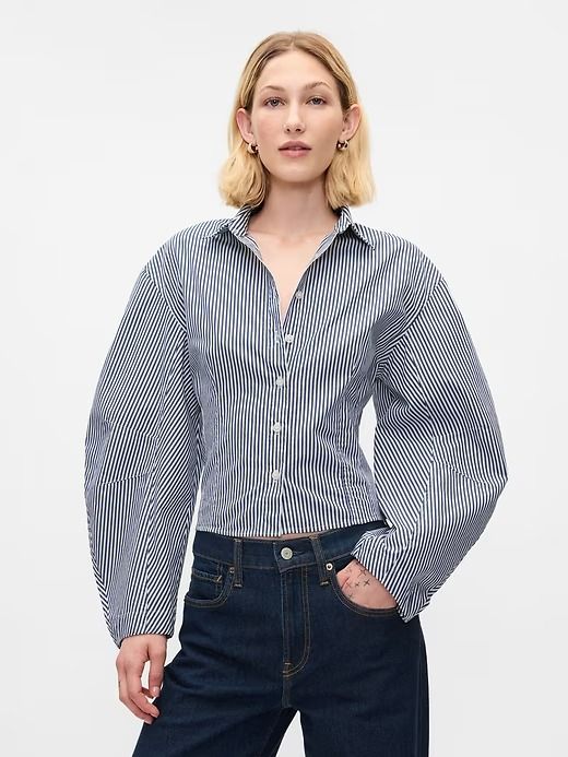 Organic Cotton Poplin Barrel-Sleeve Cropped Shirt