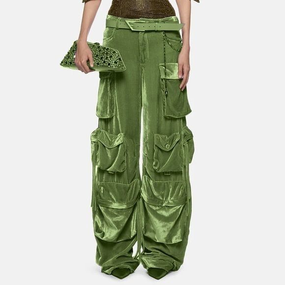 Luxedress Pants & Jumpsuits | Offbeat Low Waist Multiple Pocket Wide Leg Polished Velvet Cargo Pants | Color: Green | Size: M