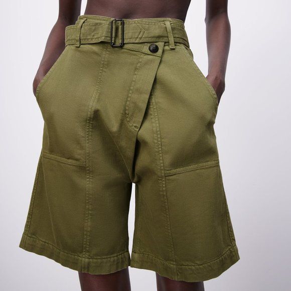Zara Shorts | Green Zara High-Waisted Belted Bermuda Cargo Shorts (Nwt) | Color: Green | Size: S