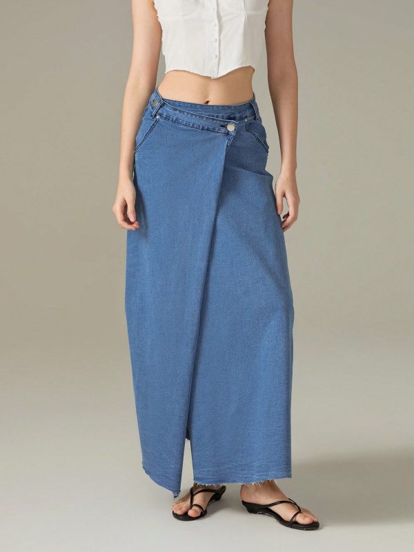 Womens Denim Wrap Long Skirt A-Line Hem Solid Color Button-Up Closure Casual Skirts