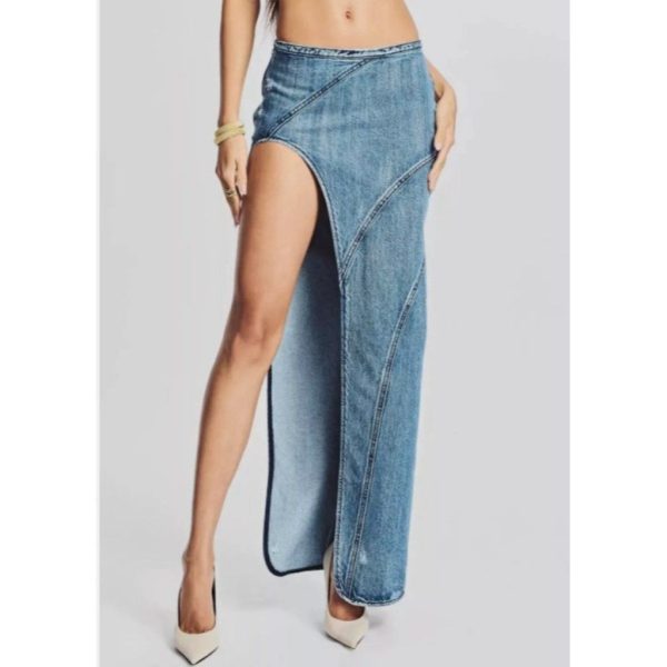 Retrofete Skirts | Retrofete Mecha High Slit Distressed Blue Denim Maxi Skirt, Size 25 Nwt $325 | Color: Blue | Size: S