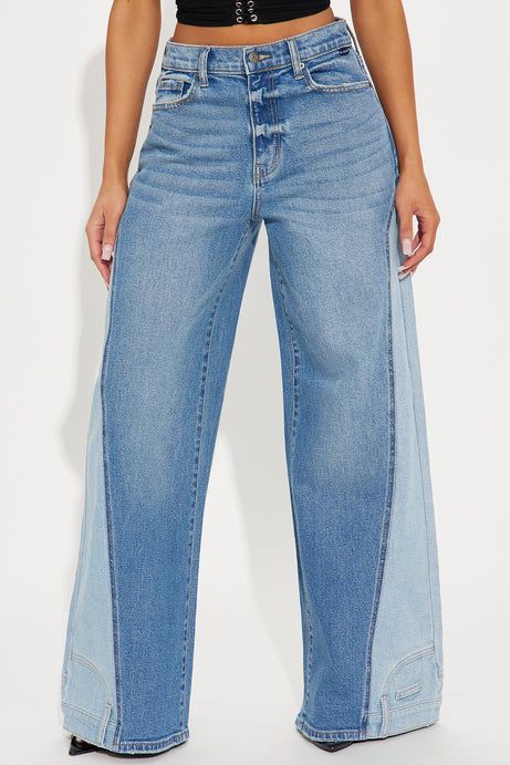 Elba Reconstructed Two Tone Wide Leg Jeans - Medium Wash | Fashion Nova