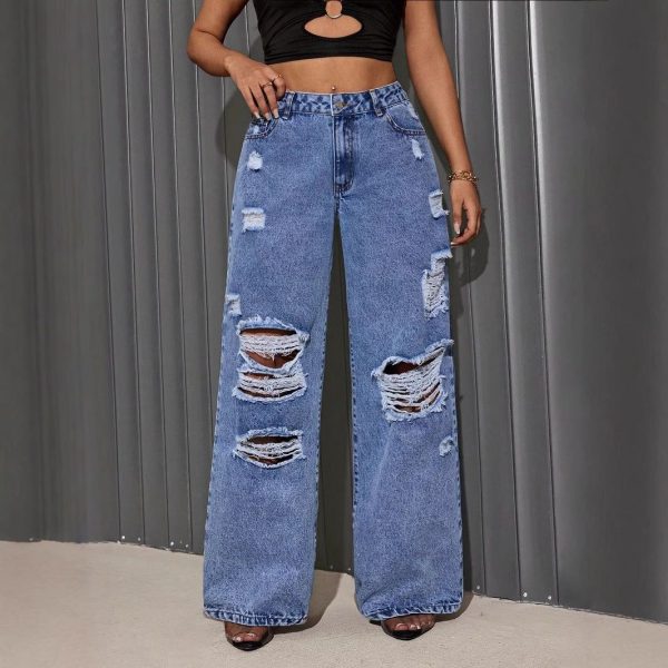 Women Clothing Ripped Straight Hip Hop Loose Wide Leg Jeans - M / Blue