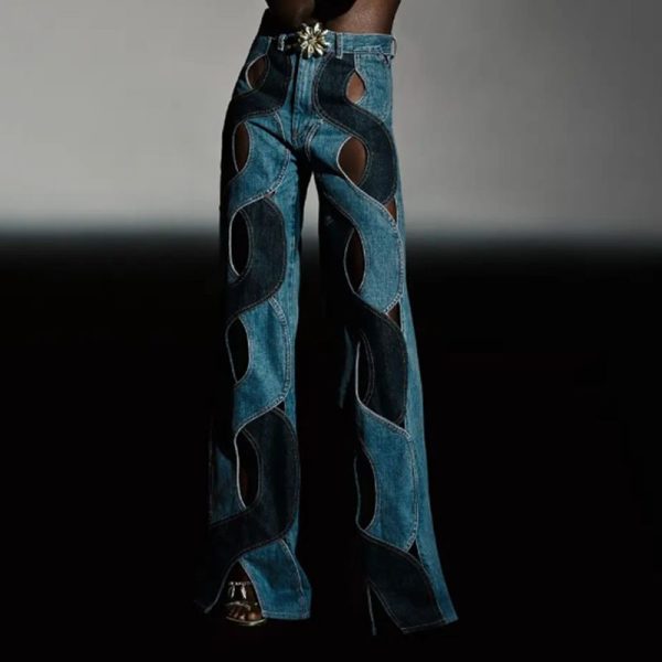 Zingj Zingj Wind Design Sense Straight Pants 2024 Spring And Autumn New Fashion Hollow Out Color Twist Jeans Female Blue-S