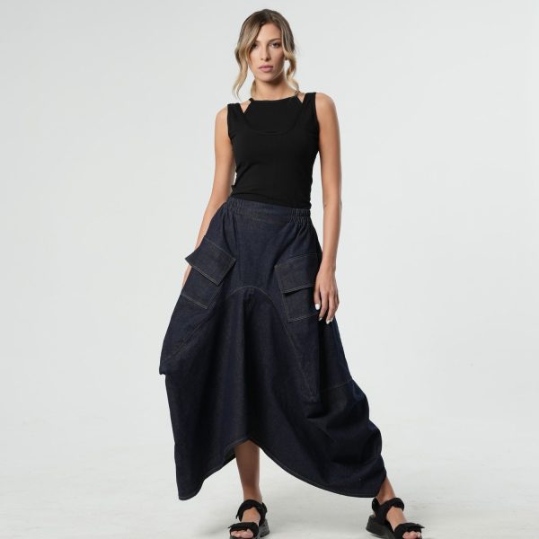 Women's Denim Asymmetrical Skirt In Dark Blue | Metamorphoza