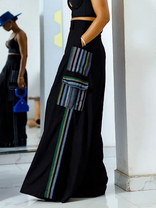 High Waisted Loose Pockets Split-Joint Striped Pants Trousers BLACK-L