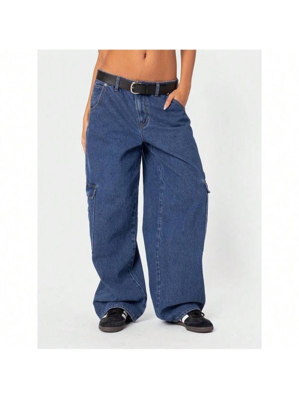 Local Delivery- Solid Color Wide Leg Trousers With Multi Pockets, Non-Stretch Fabric, Loose Fit, Long Length For Weekend Casual Wear -1pc Women'S All-Season Casual Cotton Faux Denim Faux Denim