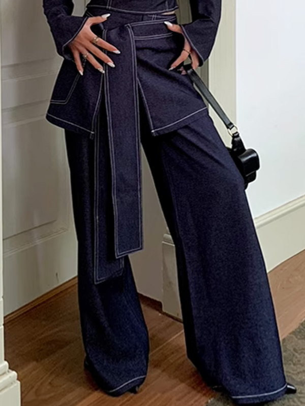 Women Plain Spring/Fall Urban Micro-Elasticity Loose Long H-Line Regular Pocket Stitching Jeans