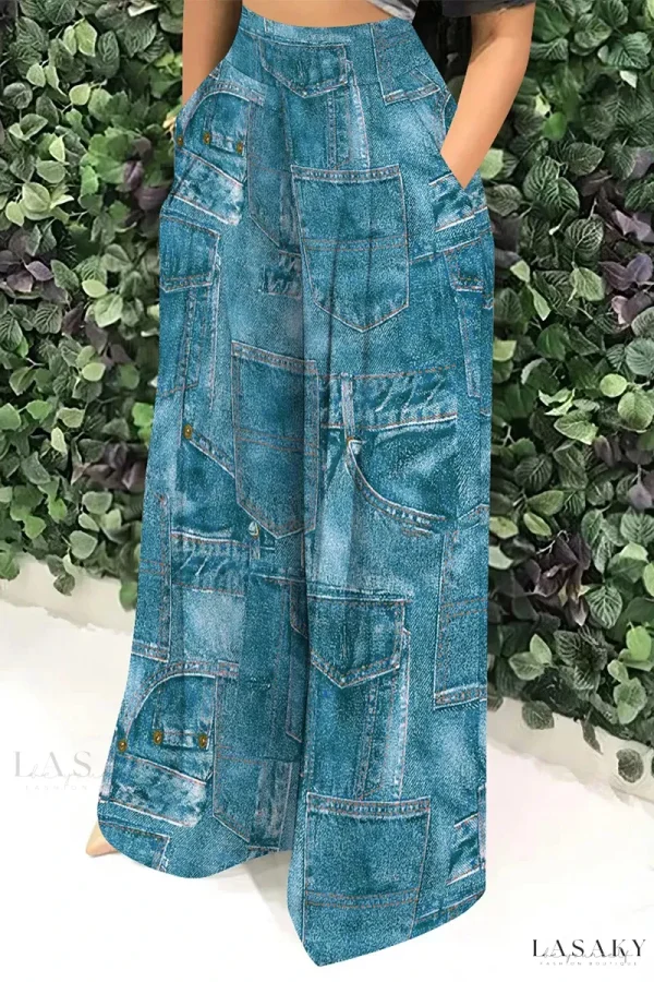 Lasaky - Colorblock Printed Wide Leg Bottoms in Faux Denim - Lake Blue, 2XL
