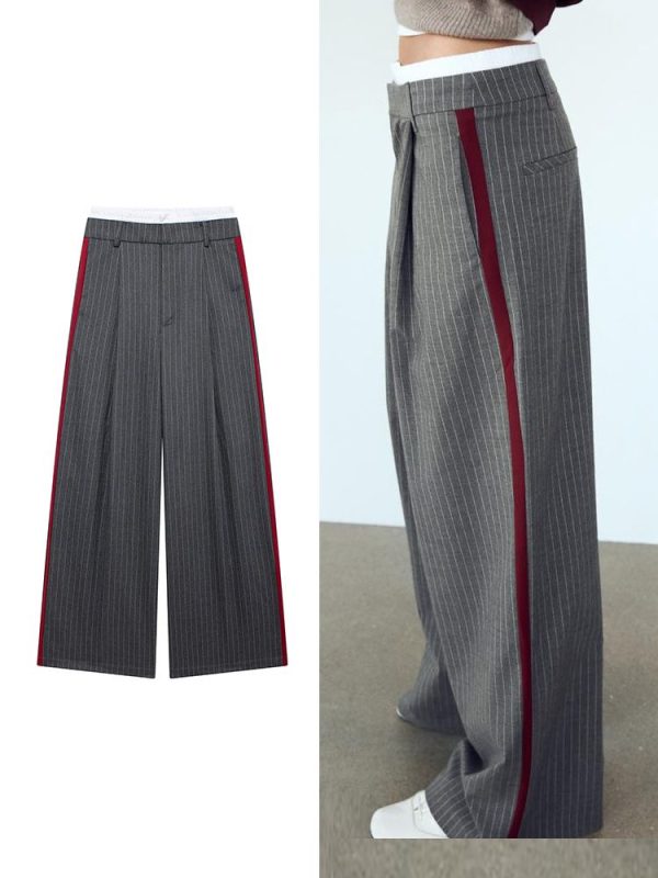 TFMLN 2024 Autumn Women Wide Leg Pants Vintage Stripe Print Decoration Red Side Splicing Female