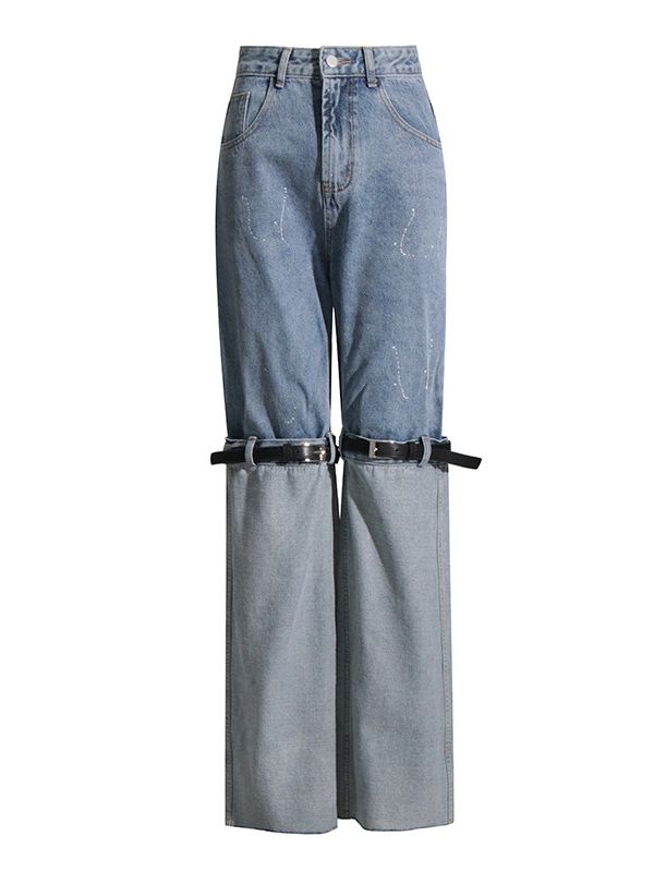 Belt Buckle Split-Joint High Waisted Loose Jean Pants Bottoms BLUE-S