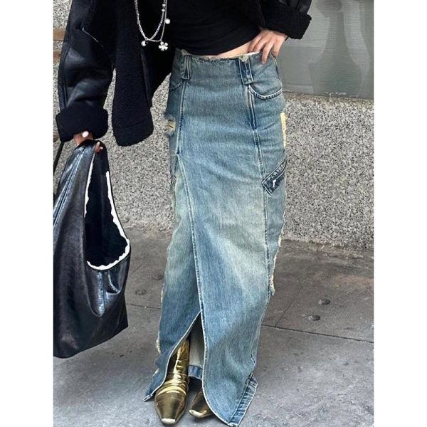 2024 New Women's High-waisted A- line Denim Skirt Elastic Slimming Side Slot Bodycon Skirt New
