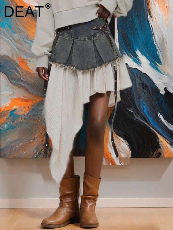DEAT Trendy Fashion Women's Patchwork Denim Pleated Skirts 2024 Autumn New High Waist Bandage Design