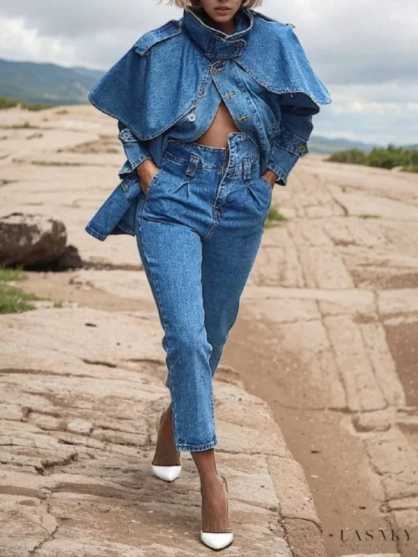 Lasaky – Sophisticated Denim Outerwear with Standing Collar and Long Sleeve Style