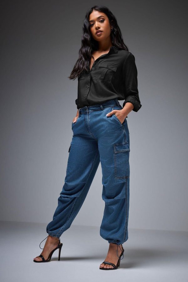 Trousers | Petite Denim Parachute Trousers | PixieGirl