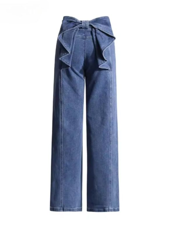 HOUZHOU Sweet Bow High Waist Jeans for Women Y2k Blue Vintage Aesthetic Straight Denim Trousers