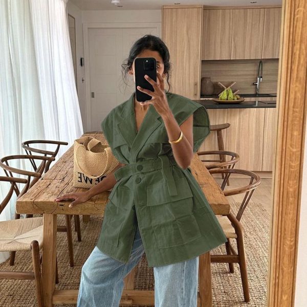 Zingj Zingj Women's Wear 2024 Summer Sleeveless Tooling Shirt Fashion Fashion Multi-Pocket Design Sense Belt Loose Top-Outfit Ideas Green-M