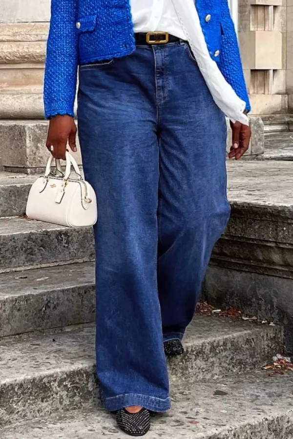 Lasaky - Wide Leg Denim Jeans with High Waist and Distressed Accents - Blue, M