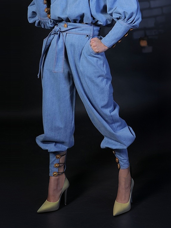 Women Plain Spring/Fall Urban Micro-Elasticity Loose Ankle Pants H-Line Regular Pocket Stitching Jeans