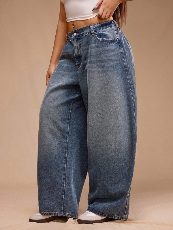 Jean décontracté simple avec boutons à l'avant et poches, pour un usage quotidien, taille grande