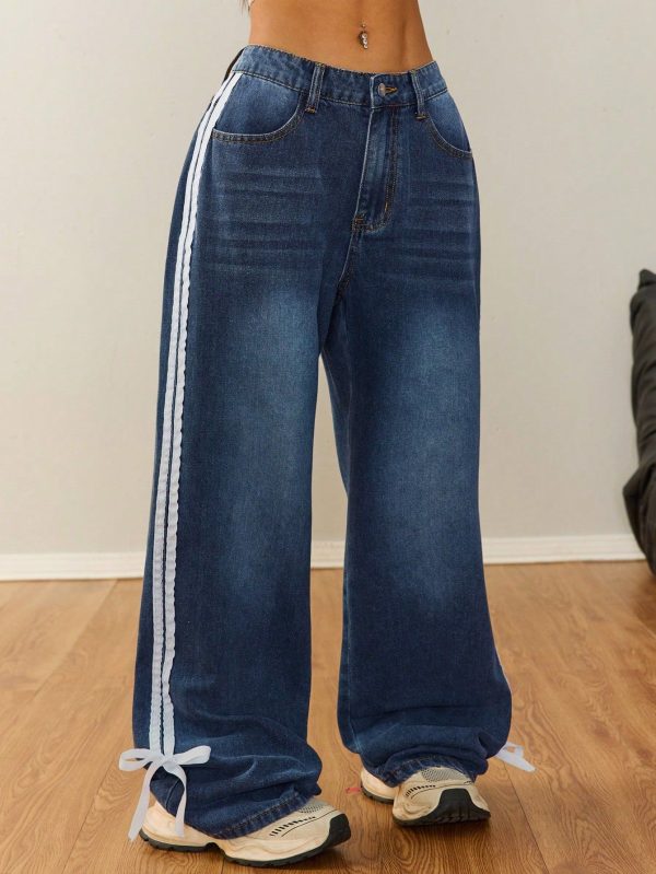 Women's Straight Wide Leg Denim Pants Striped Bow Rise Jeans With Pocket Y2K Streetwear