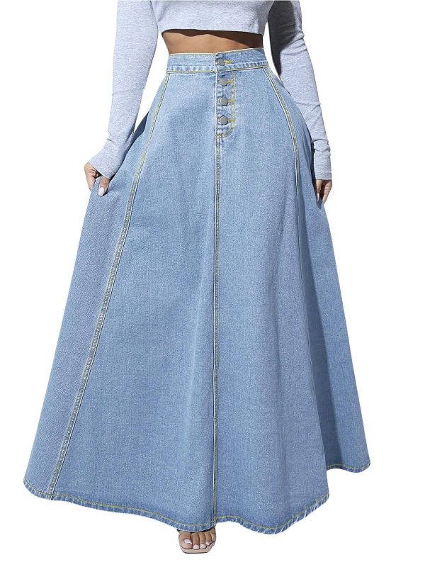 ebossy Women's Retro High Waisted Button Fly Flared Long Jean Skirts Pleated Flowy Swing A-line Denim Maxi Skirts