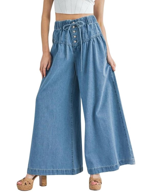 EZAPINE Drawstring Wide Leg Jeans for Women High Waist Elastic Waisted Baggy Y2K Pants Trendy Flare Jeans
