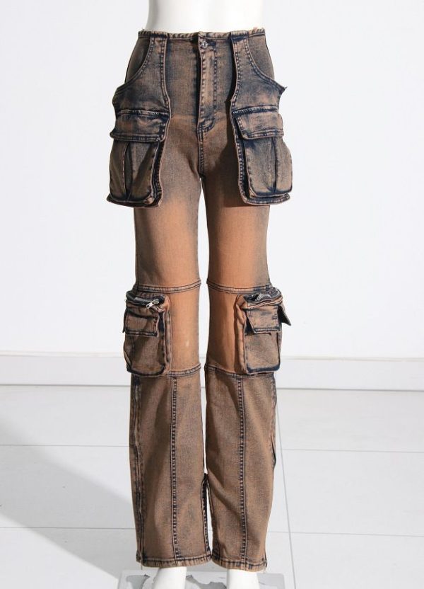 Zingj Zingj 2024 New Fashion High Street Design Sense Pocket Stitching Tooling Wind High Waist Straight Tube Denim Warehouse Pants Women Coffee Color-M