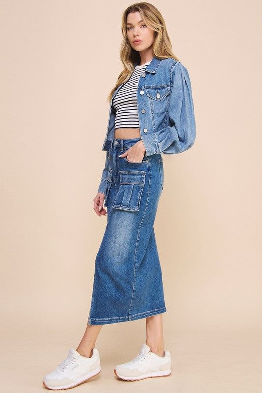 FRONT SLIT CARGO SKIRT - DENIM BLUE / S