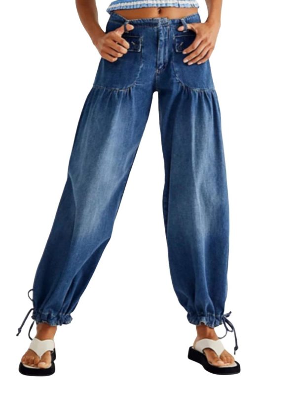 Women's Casual Mid Waist Cargo Jeans Stretch Parachute Denim Pants with Pockets