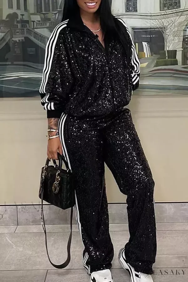 Lasaky – Premium Black Casual Two-Piece Set with Solid Sequins Patchwork, Zipper Closure, and Chic Turndown Collar