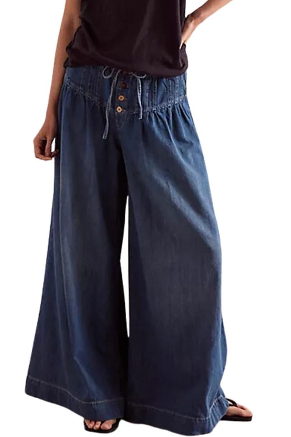 yoeasy Womens Mid Rise Wide Leg Jeans Elastic Drawstring Loose Ruffle Pleated Denim Pants Y2k Baggy Boyfriend Jeans