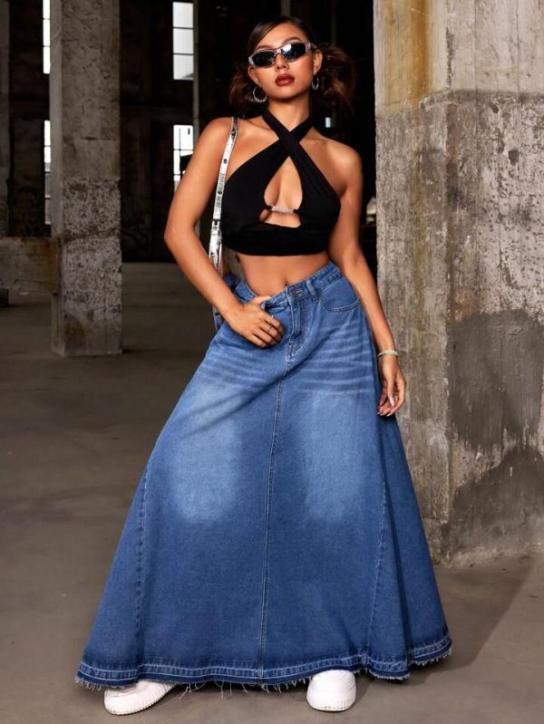 Women's Casual Long Denim Skirt With Pockets