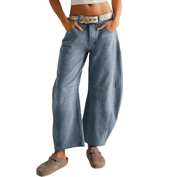HOTIAN Barrel Jeans Women Wide Leg Mid Rise Barrel Denim Pants Vintage Horseshoe Jeans Pockets