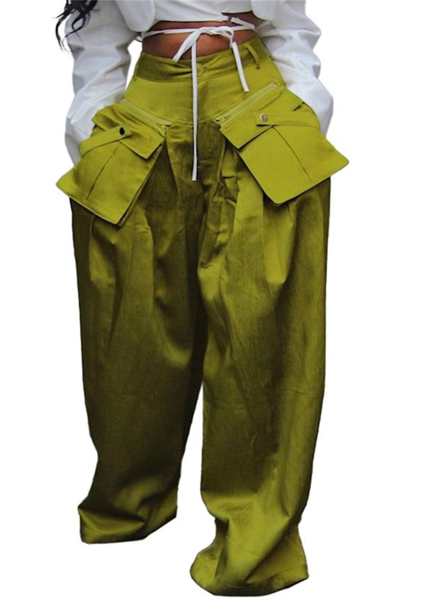 Vakkest Women's Casual Satin Cargo Pants Baggy Wide Leg Folds Pants Streetwear High Waist Palazzo Trousers with Flap Pockets