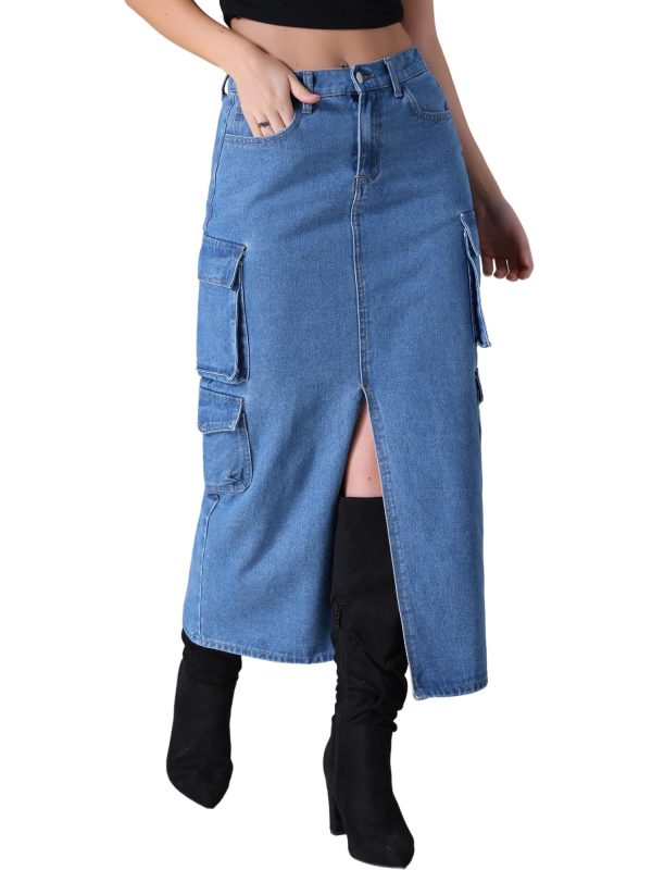 CIMUK Women's Maxi Denim Skirt Front Split Button Front Elastic Waist Streetwear Flap Pockets Cargo Jean Skirts