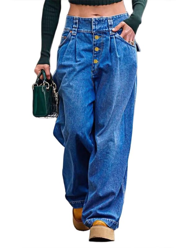 Flamingals Women's Wide Leg Baggy Jean Mid Rise Casual Wash Pleated Button Trendy Denim Jeans