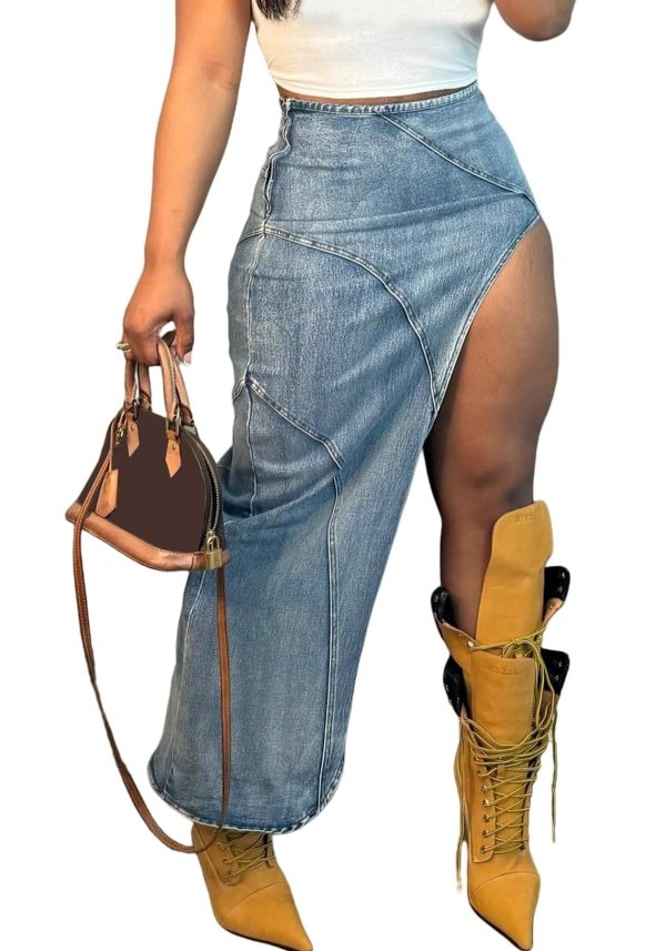 Women's Casual High Waist Denim Skirt Long Split Asymmetric Zipper up Maxi Skirts Stretch Jean Skirt