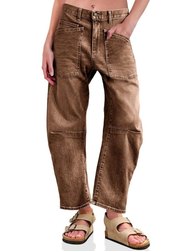 PLNOTME Womens Baggy Barrel Jeans Boyfriend High Waisted Wide Leg Cropped Ankle Denim Pants