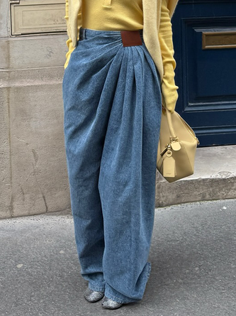 Women Casual Plain Spring/Fall No Elasticity Loose Turnip pants Denim T-Line 2 Side Pockets Jeans