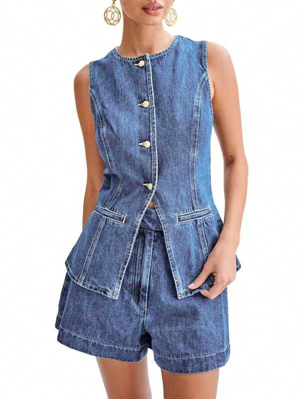 Women's 2 Piece Denim Outfits Sleeveless Button Up Tank Tops Solid Color Shorts Sets
