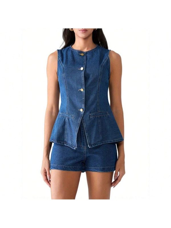 Local Shipping-Denim Outfits Sleeveless Button Up Tank Tops Solid Color Shorts Sets,Women'S 2pcs