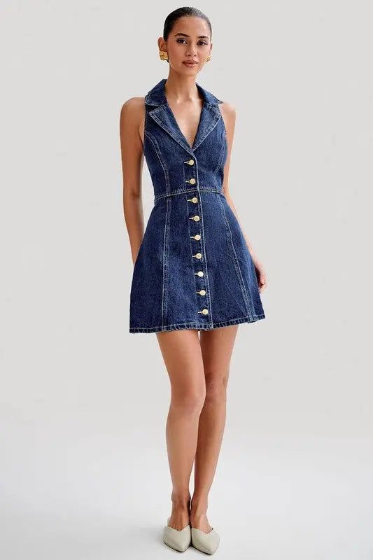 Collared Halter Mini Denim Dress - NAVY / XL