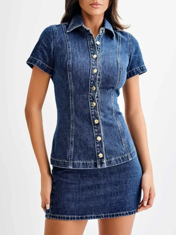 Summer Dress Sets Elegant Fashion Women's Short-sleeve Solid Color Denim Button Collared Shirt