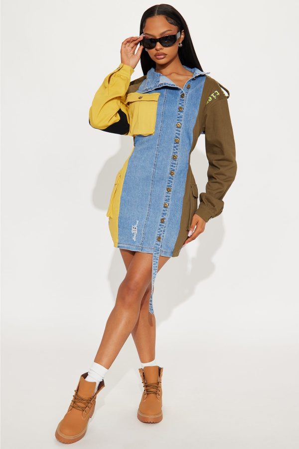 Women's So Unbothered Denim Micro Mini Dress Combo in Olive Green Size Large