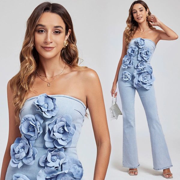 3D Appliques Flower Strapless Demin Jumpsuits For Women Off Shoulder Sleevelss Solid Color High Waist Full Length Overalls New - old blue / M